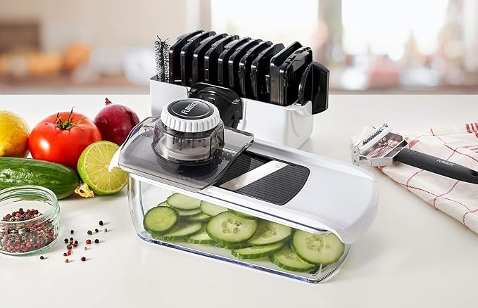 Fullstar Pro Mandoline Vegetable Slicer, Grater & Spiralizer with Container | 6 in 1 Fruit Cutter, Cheese Grater & Spiralizer with Safety Gloves, Stainless Steel Blades & Container (White/Black)