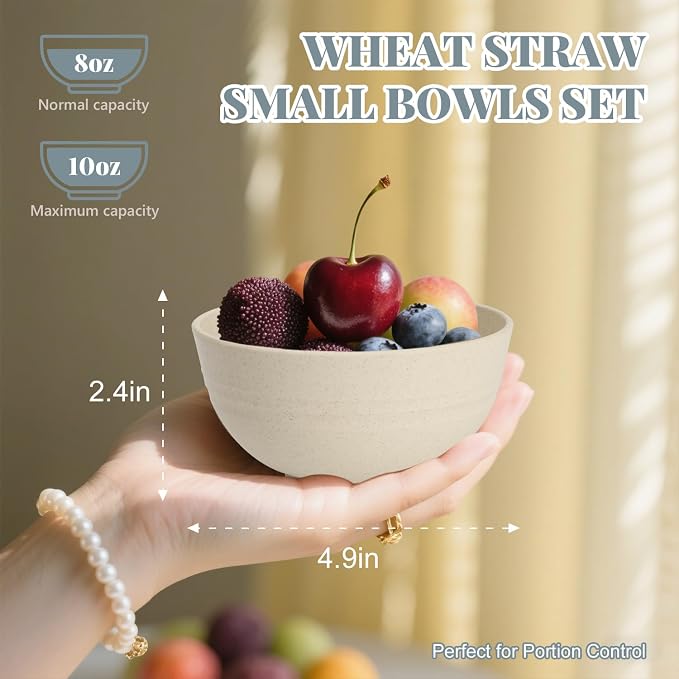 Small Soup Bowls 10 oz Wheat Straw Mini Bowls Set of 8 Alternative Plastic Bowls for Snack,Ice Cream,Dessert,Microwave Safe Bowls for Party,Unbreakable Bowls for Camping,Kitchen-Grey Stone