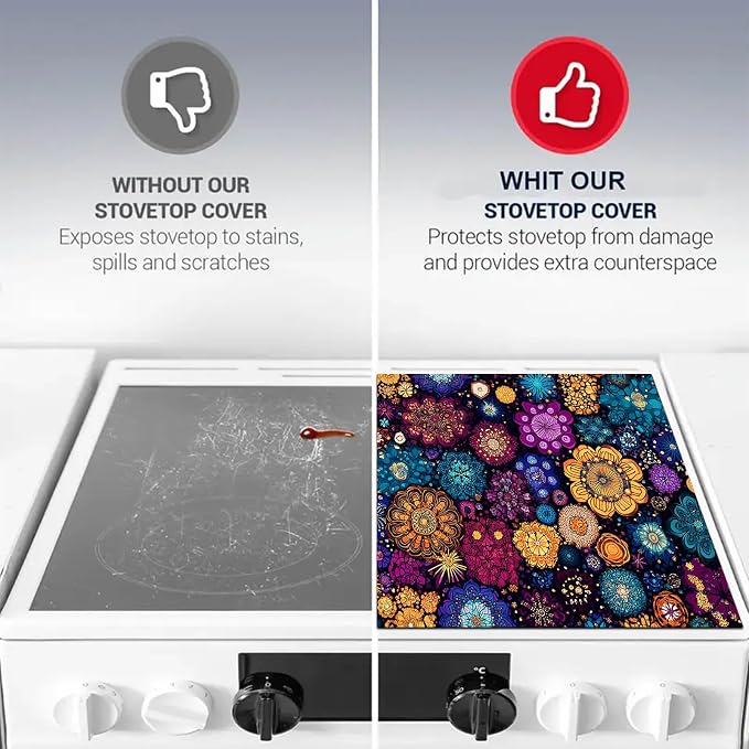 HOMETITUTE Stove Top Cover 28x20 Colorful Mandala Flower Heat Resistant Mat