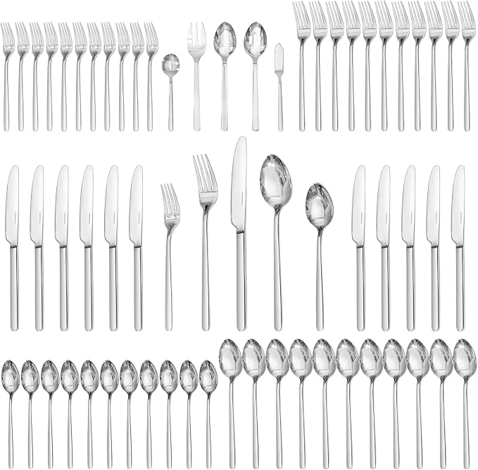 65 Piece Silverware Set with Serving utensils, Flatware Set for 12, 18/10 Stainless Steel Cutlery Set Mirror Polished Modern Design Dishwasher Safe
