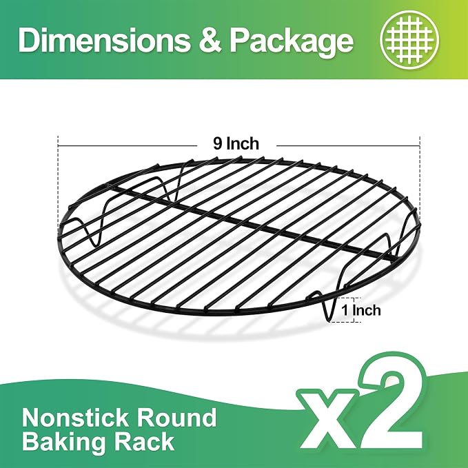 P&P CHEF 9 Inch Cooking Rack Round for Steaming Cooling, Black, 2 Pack | Stainless Steel Round Wire Rack for Baking Grilling, Roasting, Fits Air Fryer, Steamer Pot, Oven & Dishwasher Safe