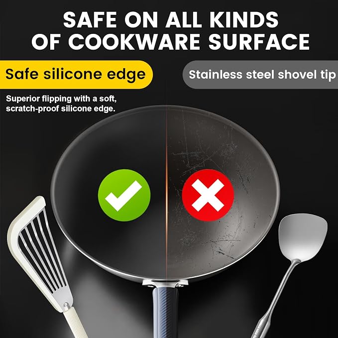 Silicone Fish Spatula, Heat Resistant Silicone Edge for Nonstick Cookware, Fish Turner for Kitchen Use, Flexible and Thin Stainless Steel Cooking utensils, 12.2 * 3.42 Inch, White