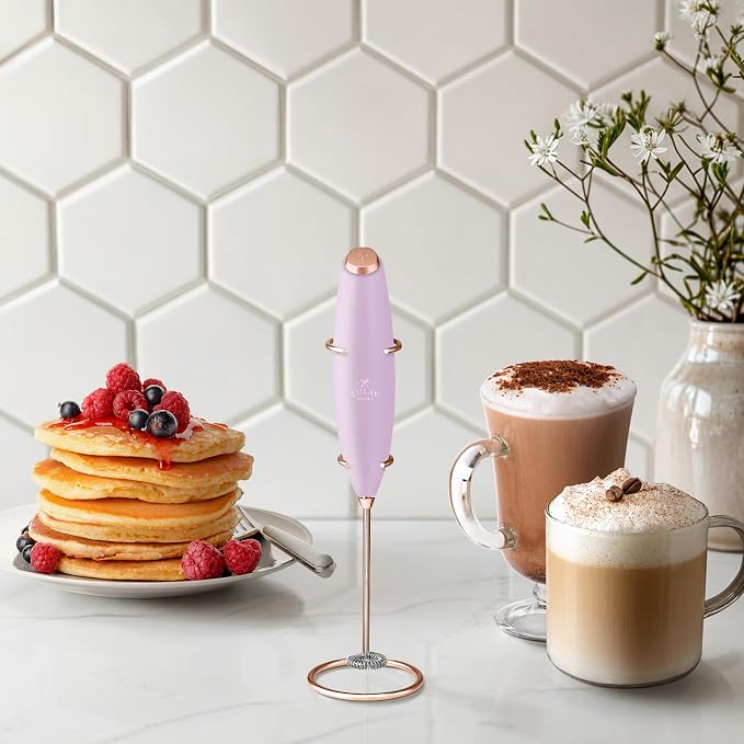 Zulay Kitchen Powerful Milk Frother Wand With Duracell Batteries - Ultra Fast Handheld Drink Mixer - Electric Whisk Foam Maker for Coffee, Lattes, Cappuccino & Matcha - Z1 Motor - Lilac & Rose Gold