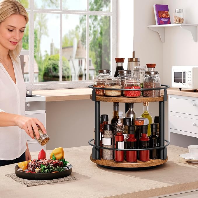 Lazy Susan Organizer, Rotating Spice Rack, 2 Tier Spice Turntable Organizer, Industrial Turntable Spice Holder, for Kitchen Countertop and Cabinet, Compact and Versatile, Rustic Brown SR22BR