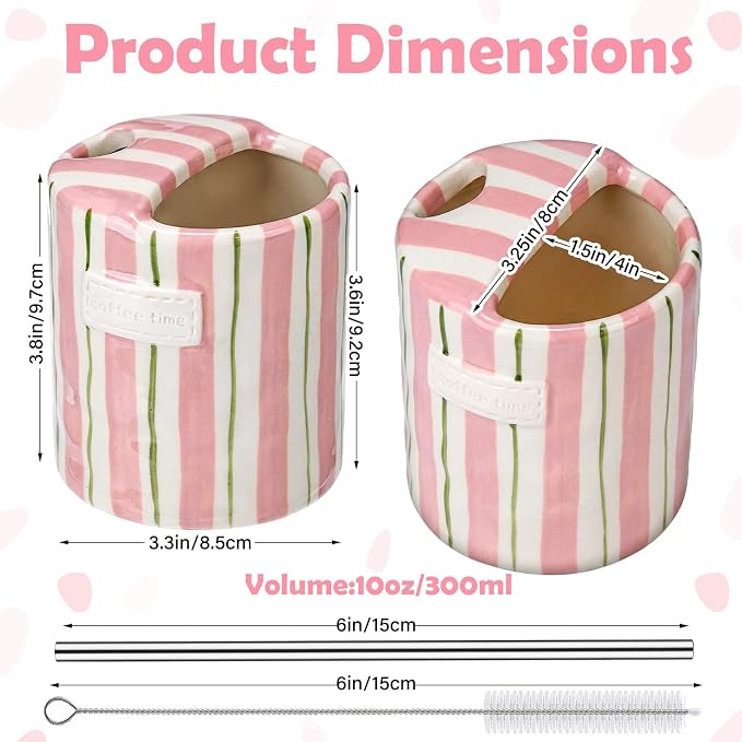 1 Pack Ceramic Mug with Sip Hole, Simple, Pink and Green | 10oz Ceramic Coffee Cup with Straws, Retro Hand Painted Striped, for Iced Coffee Tea Latte Espresso, Kitchen Dining Travel
