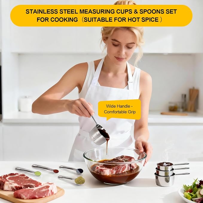 8 PCS Stainless Steel Measuring Cups and Spoons Set, Premium Measure Cups and Spoons Long Handle Stackable Measuring Cups for Kitchen Cooking & Baking, Dry & Liquid Dishwasher Safe