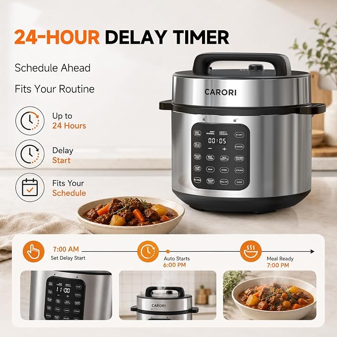 CARORI 8Qt Electric Pressure Cooker, 9-in-1 Multifunction, IMD Touchscreen, Non-Stick Pot. 1200W for Instant Feast. Olla de Presion (Ollas). Safe Venting.Rice,Slow,Steamer, Sauté, Warmer, Silver