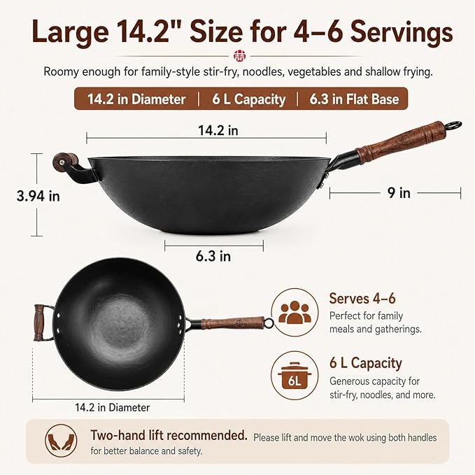 WANGYUANJI 14.2 Inch Cast Iron Wok with Wooden Lid & Handle, Flat Bottom Stir Fry Wok Pan, Turtle-Pattern Textured Uncoated Large Wok Skillet for Induction, Gas & Electric (Seasoning Required) | Uncoated cast iron wok with wood lid for induction, gas a...