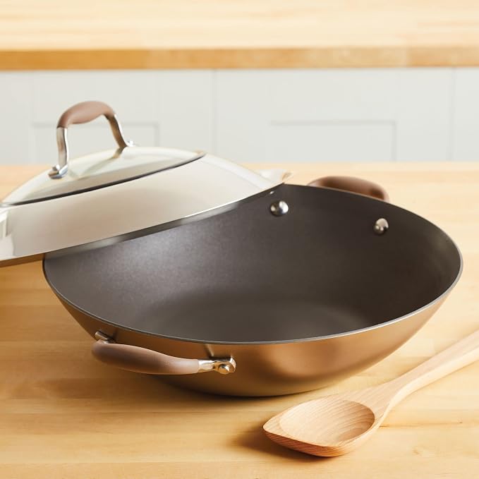 Anolon Advanced Home Hard Anodized Nonstick Wok/Stir Fry with Lid and Cooking Tool, 14 Inch, Bronze