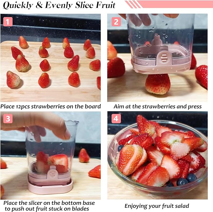 Creative Strawberry Slicer, Detachable Cutter with Push Plate (Pink)