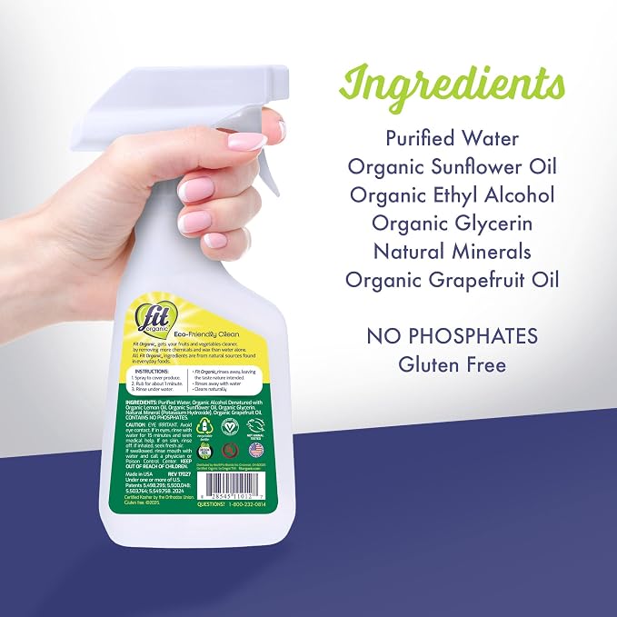 FIT Organic Fruit and Vegetable Wash Spray – USDA Certified Organic & Kosher Produce Cleaner – Removes Surface Contaminants–Family & Pet Safe, Natural & Chemical-Free–12 Fl Oz (2-Pack)