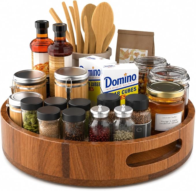 Wooden Lazy Susan – 12 in Acacia Wood Turntable Organizer for Cabinet，Multi-Purpose Home Decor Rotating Tray for Bathroom Accessories, Bedroom Makeup Organizer & Countertop Storage