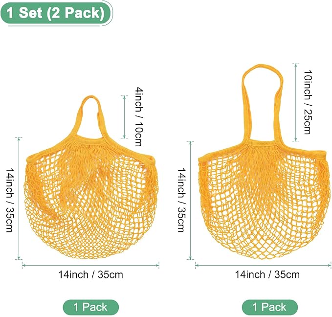 M METERXITY 2-Pack Cotton Mesh Bag, Reusable Washable Mesh Net String Grocery Bags, Reusable Produce Bags with Handle, Net Tote Bag for Fruits/Vegetables Shopping [Yellow, Long&Short Handle]