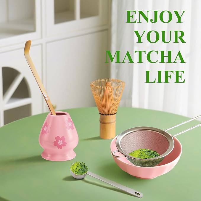YIBO Matcha Whisk Set, Matcha Making Kit Bamboo Whisk (Chasen), Pink Printing Ceramic Whisk Holder Stand, Sifter, Scoop Japanese Tea Tools For Ceremony Gift
