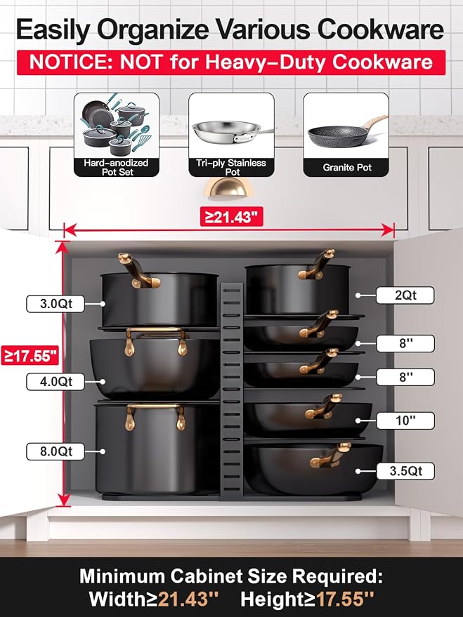 MUDEELA 8-Tier Lightweight Pots and Pans Organizer under Cabinet, 14.55" H | 3 DIY Methods, Adjustable pot rack, Fits 6"-11" pots and pans, Pot lid organizer inside cabinet, Kitchen storage