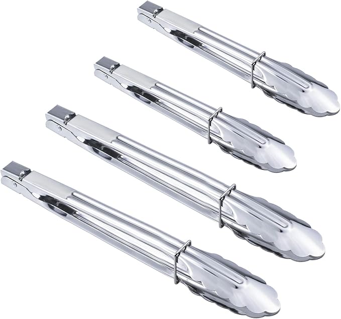 HINMAY 4PCS Stainless Steel Food Tongs Set Kitchen Metal Tongs (9/12 Inch) | Utility Tongs for Cooking Grilling Barbecue BBQ and Serving Salad