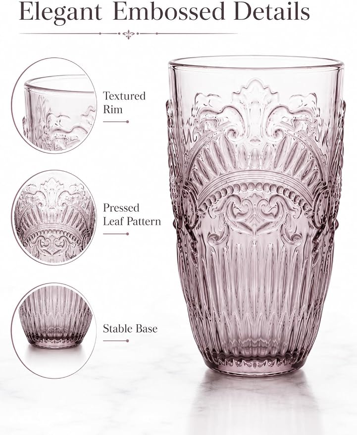 13 OZ 6 Pack Vintage Drinking Glasses Set, Colorful Textured Glass Water Tumblers Cups -Embossed Striped Glassware for Water, Cocktails, Juice, Iced Coffee, Beer(Imperial Arch style)