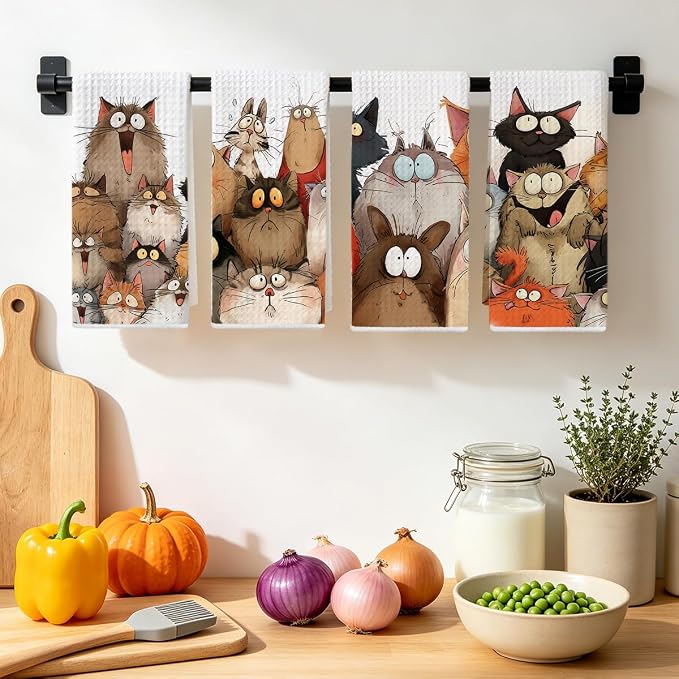 4 Pcs Cute Cat Kitchen Towels, Funny Cats Gifts Absorbent Hand Towels-02 | Cat Dish Cloths for Drying Dishes, Cats Waffle Dish Towels for Kitchen Home Bathroom Decor, Cat Lover Gifts for Women Mom