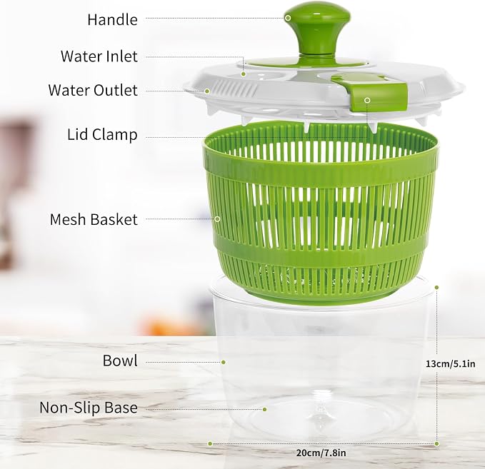 Salad Spinner 3 QT Fruit and Vegetable Washer with Bowl and Mesh Basket | Compact Lettuce Spinner Saves Counter Space, Quickly Washes, Spins, and Dries Salad Greens