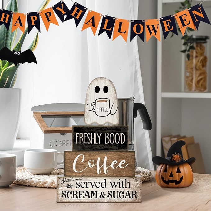 Lineshading 4 Pcs Halloween Coffee Table Decor Wooden Ghost Coffee Bar Sign | Stackable Blocks Bar Farmhouse Rustic Ghost Tiered Tray Decor Festive Boo Wooden Signs Home Office Kitchen Shelf