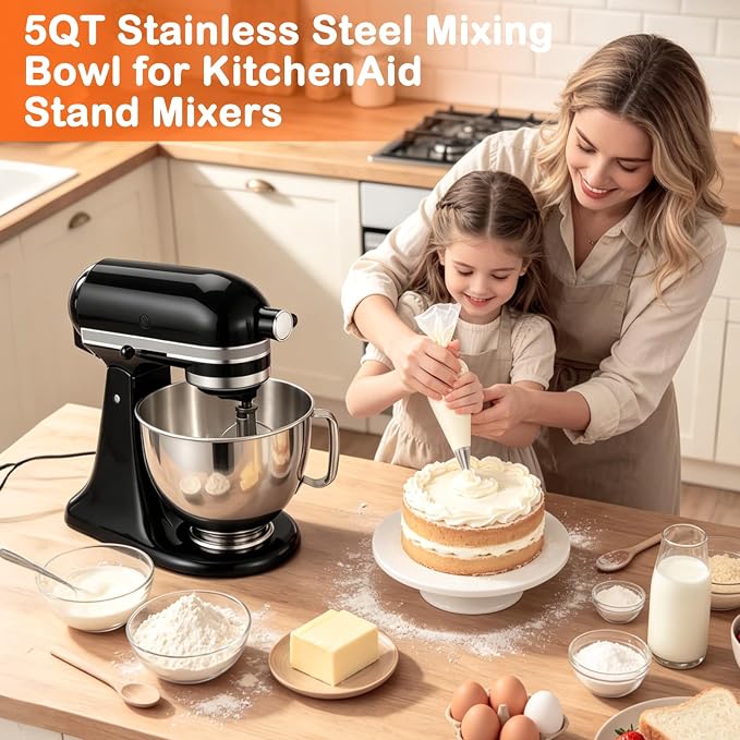5QT Stainless Steel Mixer Bowl for KitchenAid Tilt Head Stand Mixer | Fits 4.5-5 Quart Models, for KitchenAid Mixer Bowl, for KitchenAid Accessories and Attachments, Dishwasher Safe