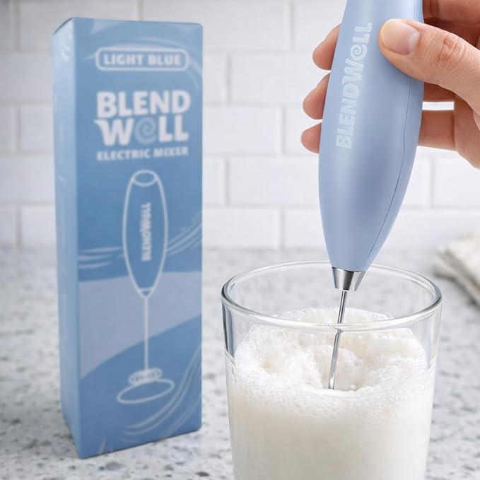BlendWell Electric Milk Frother for Matcha and Coffee, Handheld Battery Operated Drink Mixer with Stand, Stainless Steel Whisk, Light Blue