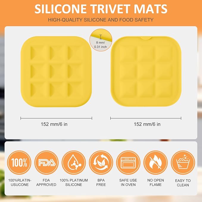 Silicone Trivets for Hot Pots and Pans, Pot Holders Hot Pads 6 Pack Silicone Mats for Kitchen Counter, Soft Durable Drying Mat, Jar Opener and Coasters (Yellow)