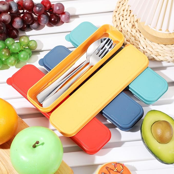 4 Pack Travel Silverware Set with Case for Lunch,Red | Reusable Utensils with Case, Portable Flatware, Camping Cutlery, Fork Spoon Knife, for Work School, Dishwasher Safe