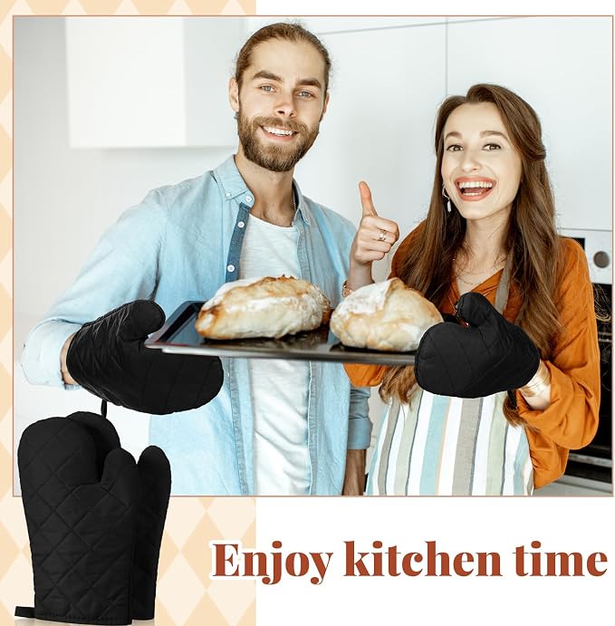 Geyoga 12 Pairs Oven Mitts Heat Resistant Kitchen Long Oven Gloves Mitts Thick Cotton Winter Quilted Baking Flexible Glove Bulk for Cooking BBQ Picnic Kitchen Grilling 10.6 Inch(Black)