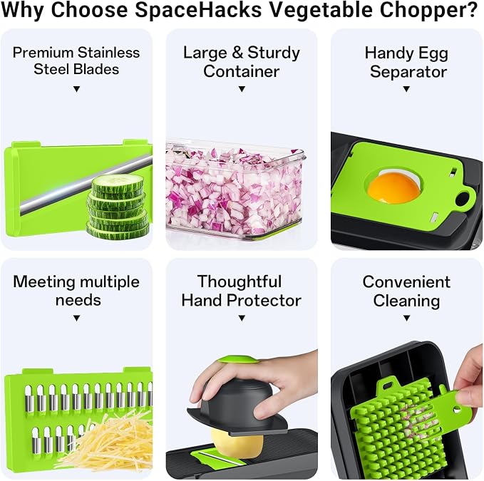 12-in-1 Vegetable Chopper with 7 Blades, Food Veggie Cutter, Green | Includes Egg Separator, Food Container and Finger Guard, Non-slip Base, for Chopping, Slicing, Shredding, and Mincing