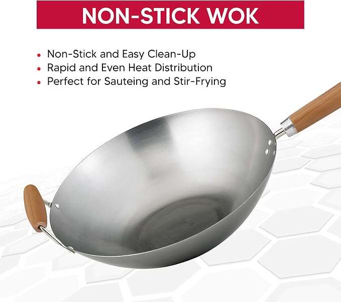Helen's Asian Kitchen Carbon Steel Wok, 14-Inch, Flat Bottom Stir Fry Pan