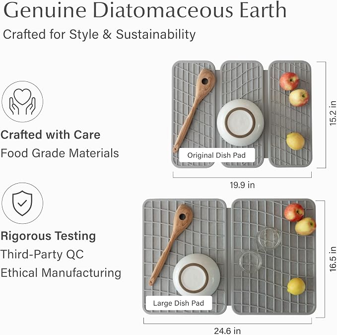 Dorai Home Dish Pad - Collapsable Stone Dish Drying Mat with Diatomaceous Earth for Quick Drying - Ultra Absorbent - Encased in Silicone - Eco-Friendly, Foldable - Original 19.9"x15.2", Ash