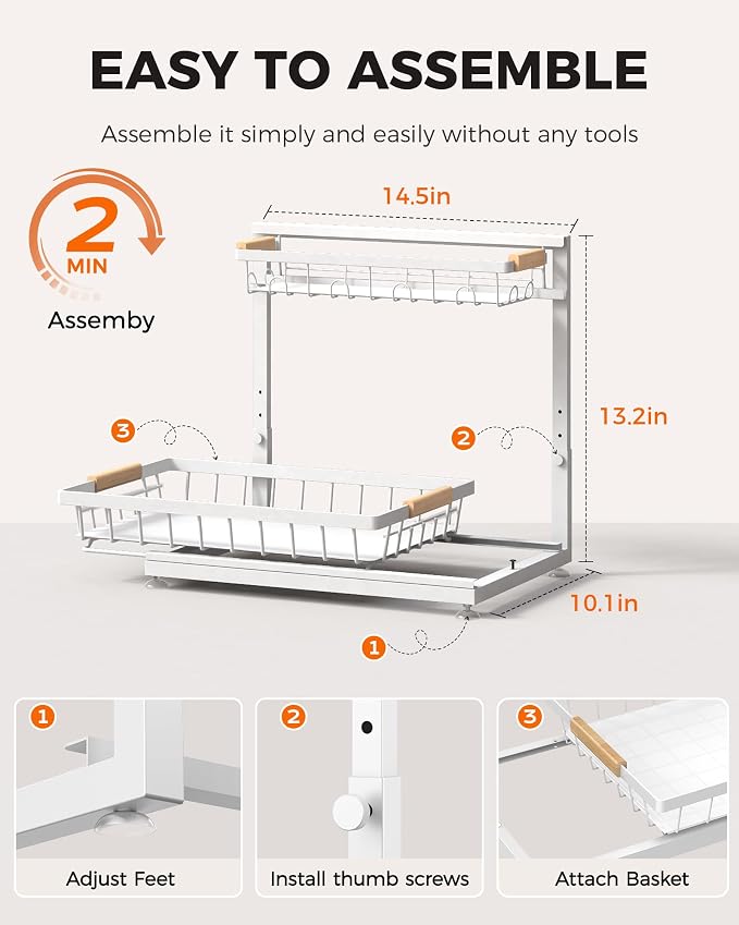 3-Pack 2-Tier Height Adjustable Under Sink Organizer, White | Multi-purpose metal storage shelf with sliding shelves for kitchen, bathroom, pantry & laundry cabinet
