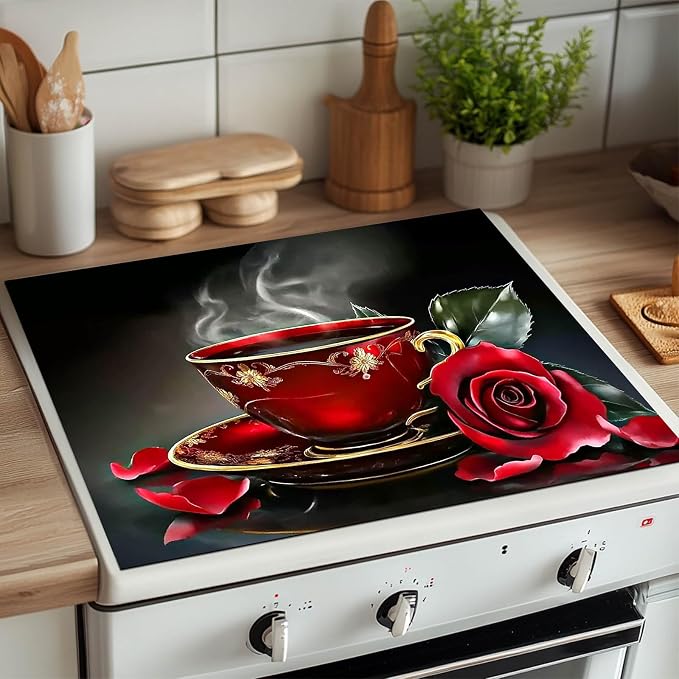 HOMETITUTE Red Rose Tea Cup Stove Top Cover 28x20 Romantic Mat