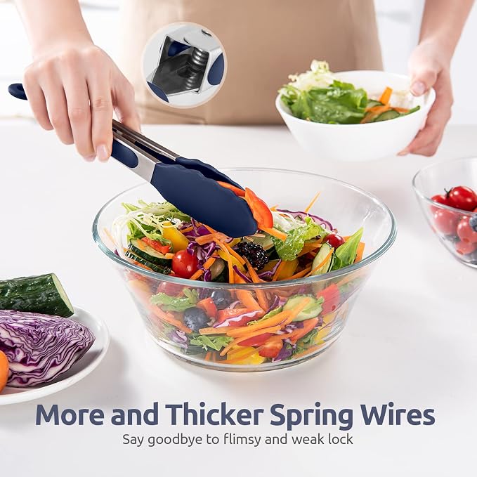 U-Taste Kitchen Tong for Cooking, 600ºF Heat-Resistant, 9in/Midnight Blue | Rubber Tong for Serving Food, Salad/Grill/BBQ/Steak/Pasta Silicon Tongs, 18/8 Stainless Steel Handle & Smooth Locking