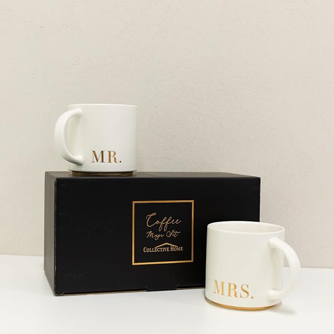 COLLECTIVE HOME Mr. & Mrs. Ceramic Coffee Mug Set, 15oz, 2-Piece | Luxury Wedding Gift for Couples, Elegant Coffee Cups for Newlyweds, Anniversary & Engagement Gift, Gift Box Set