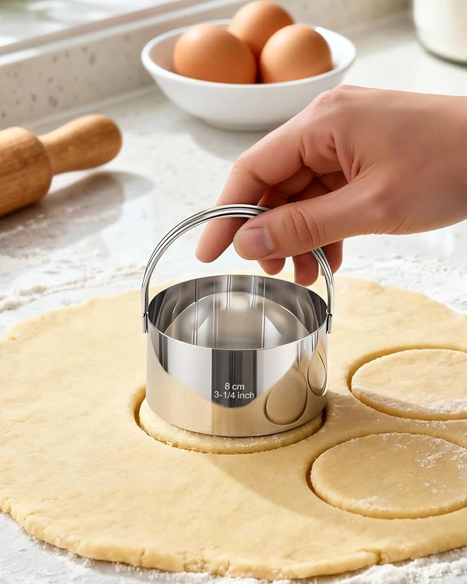 Biscuit Cutter Set with Handle, 5pcs Cookie Cutters | Pastry, Cakes, Donut Baking Tool, Stainless Steel, Dishwasher Safe, In/cm Markings, Ergonomic Arched Grip