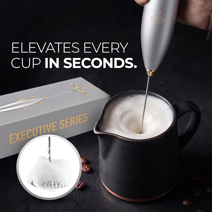 Zulay Kitchen Powerful Milk Frother Wand With Duracell Batteries - Ultra Fast Handheld Drink Mixer - Electric Whisk Foam Maker for Coffee, Lattes, Cappuccino & Matcha - Z1 Motor - Exec Silver Gold