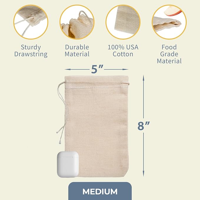 Celestial Gifts 100% Cotton Muslin Drawstring Bags, 25 Pcs, 5x8 Pouches | Made in USA, Natural Hem & Drawstring, Reusable Small Sachet Pouches for Party Favors, Glasses, Tea, Herbs & Crafts