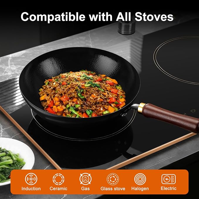 Carbon Steel Wok Pan, 11.8-Inch Nonstick Pre-Seasoned Woks & Stir-Fry Pans with Glass Lid, No Chemical Coated Wok Round Bottom Hand Hammered Chinese Wok for Gas Stoves