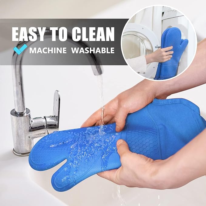 RORECAY Silicone Oven Mitts and Pot Holders Sets, Gloves for Kitchen, Blue | Set of 6 Kitchen Mitts for Baking & Cooking, Heat Resistant 500 ℉, 15" Extra Long, Non-Slip & Waterproof, Quilted Cotton