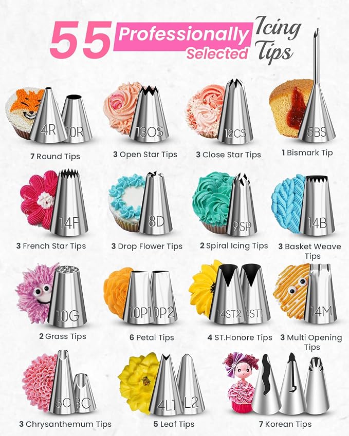 RFAQK 200PCs Cake Decorating Kit with Cake Turntable & Leveler, Baking Supplies Gift Includes 110+1 Piping Bags,55 Icing Tips,2 Frosting Spatulas, Adjustable Scraper, Video Tutorial, Booklet & more