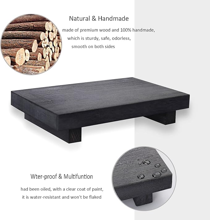 Wood Bathroom Tray Farmhouse Decor Kitchen Soap Holder, 9"x6" Black | Waterproof, Lightweight, Easy Clean, Small Wooden Riser Pedestal Stand Accessories for Office Desk, Vanity, Counter, Sink