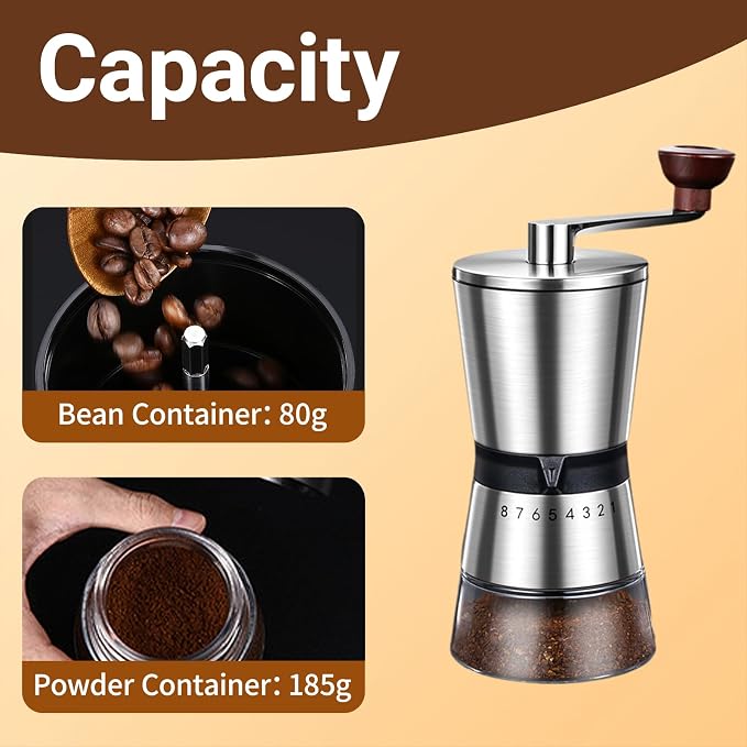 Ceramic Burr Manual Coffee Grinder with 8 Adjustable Coarseness Settings | For Cold Brew Espresso Beans French Press Pour Over Drip,Stainless Steel Hand Crank Coffee Mill for Home Use Travel Camping