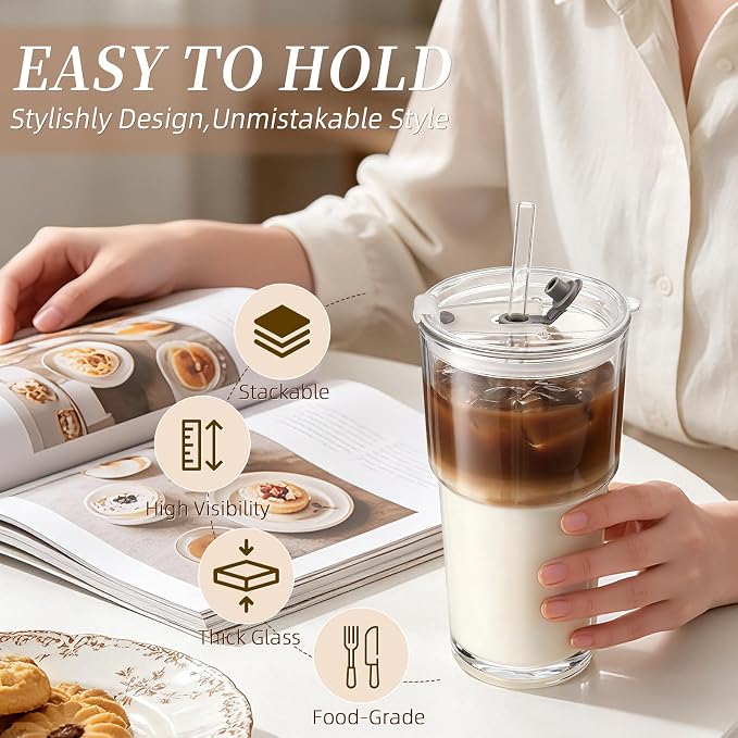 Iced Coffee Cups with Lids 2Pcs: Coffee Bar Accessories - Glass Tumbler with Straw and Lid 20oz - Vintage Glass Cups with Lids and Straws - Tumbler Leak Proof Aesthetic Drinkware for To Go Iced Coffee