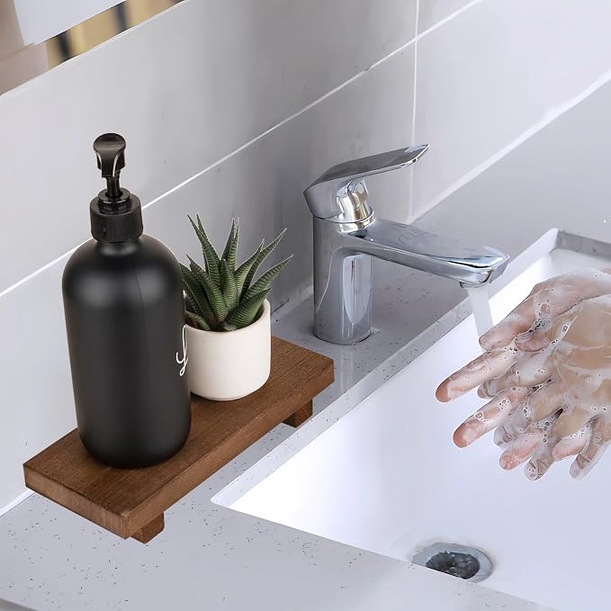 Wood Bathroom Tray Farmhouse Decor Kitchen Soap Holder, 8.7" x 3.6" Walnut | Waterproof, Lightweight, Easy Clean, Small Wooden Riser Pedestal Stand Accessories for Office Desk, Vanity, Counter, Sink