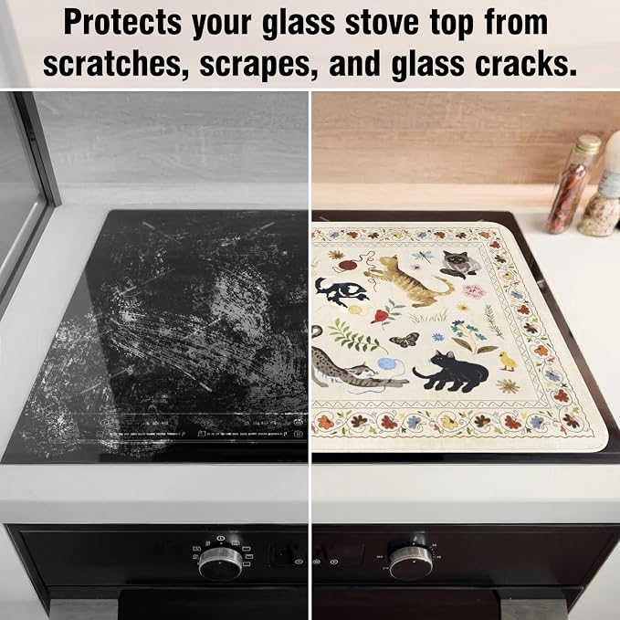 Boho Glass Stove Top Cover for Electric Stoves,Flower Floral Animal Cat Farmhouse Stove Top Cover for Kitchen Decor,Heat Resistant Cooktop Protector Mat,Non-Slip Washable Dish Drying Mat 28"x20"