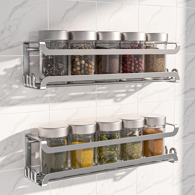 LUCYCAZ 2 Pack Wall Mounted Spice Rack for Spice Jars & Seasonings (Silver) | 8 Metal Hooks, Space-Saving,Screw or Adhesive Spice Shelf Hanging,for Kitchen Cabinet,Pantry Door,RV,Camper Spice Orgnaizer