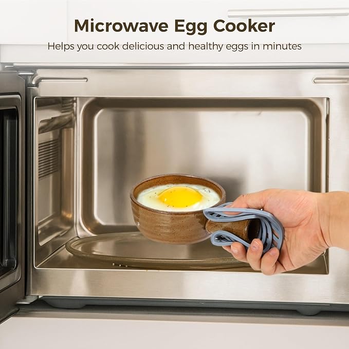 4 Sets Egg Cookers, Ceramic Microwave Cookers with Heat-resistant Silicone Pads, Egg Poachers with Dome Lids & Hollow Handles, 12 oz Clay Bowls for Eggs, Soup, Oven & Dishwasher Safe