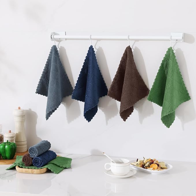 Homaxy 12 Pack Super Soft & Absorbent Coral Velvet Dish Cloths, 10" x 10" | Navy Blue/Dark Grey/Brown/Grass Green, Nonstick Oil Fast Drying Microfiber Cleaning Cloth, No Lint Household Dishcloths
